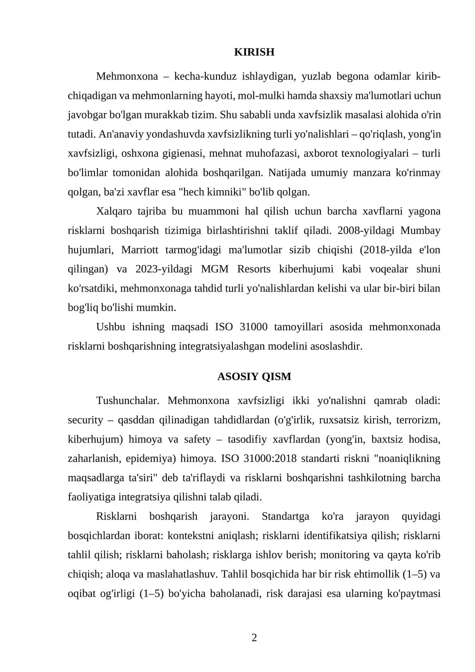 Mehmonxonalarda risklarni boshqarishning integratsiyalashgan modeli: ISO 31000 tamoyillari asosida 2