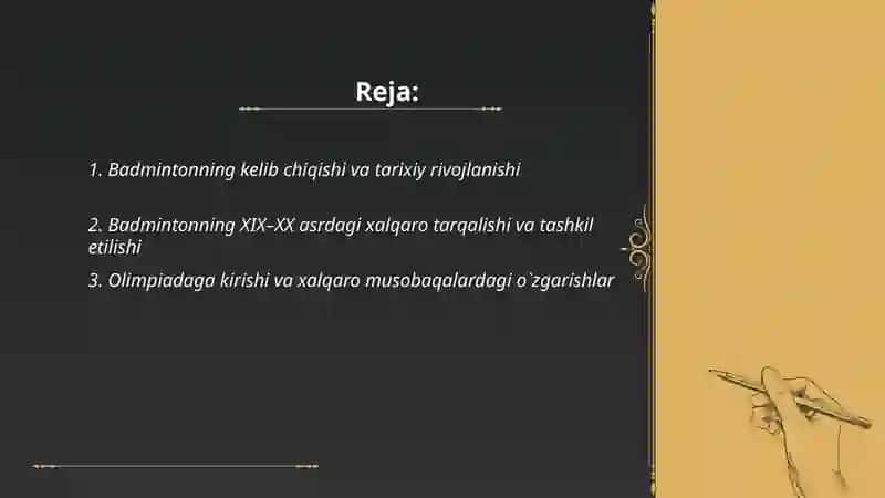 Badmintonning rivojlanish tarixi, o`yin texnikasi, taktikasi va qoidalari 2