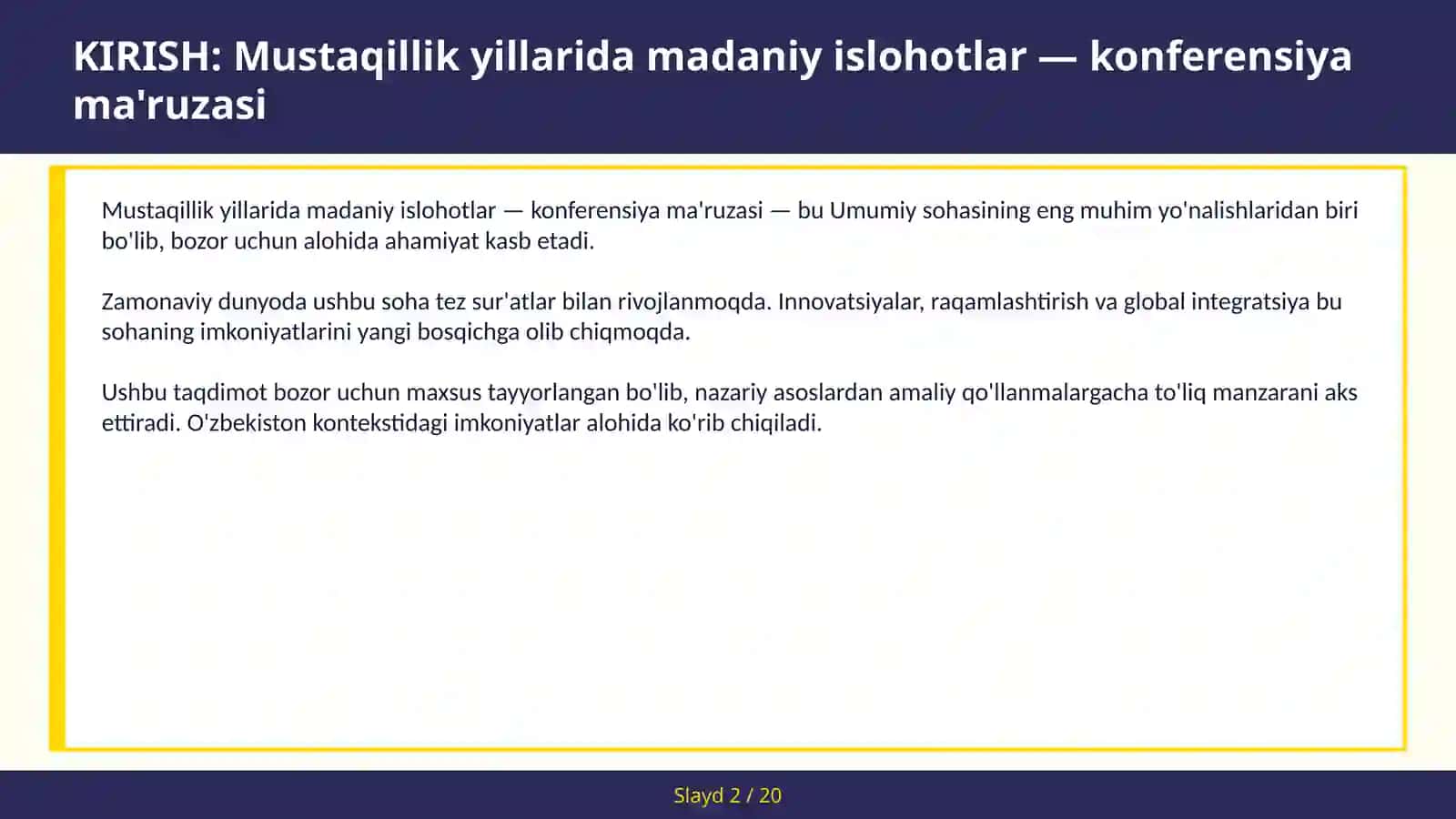 Mustaqillik yillarida madaniy islohotlar — konferensiya ma'ruzasi 2