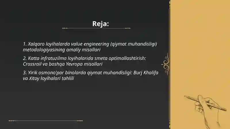 Xalqaro loyihalarda value engineering (qiymat muhandisligi) metodologiyasining amaliy misollari 2
