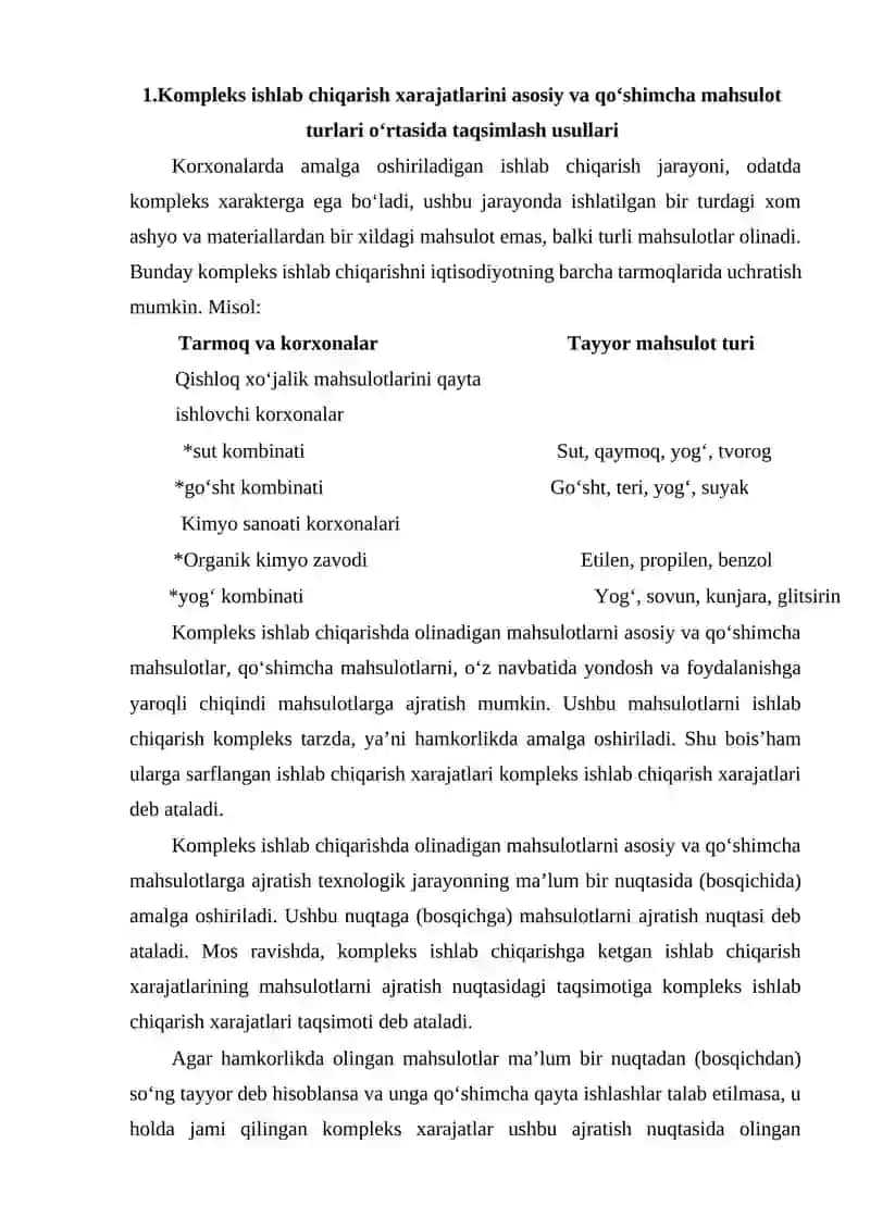 Kompleks ishlab chiqarish xarajatlarini asosiy va qo‘shimcha mahsulot turlari o‘rtasida taqsimlash usullari 2