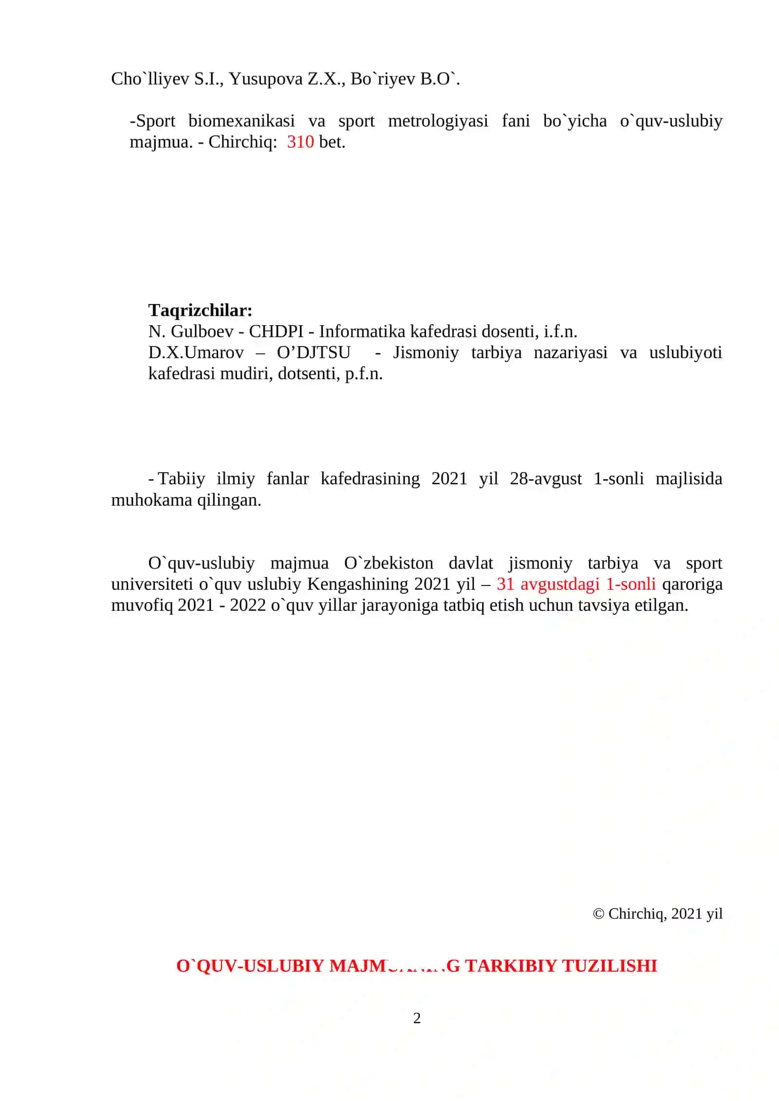 SPORT BIOMEXANIKASI. SPORT METROLOGIYASI 2