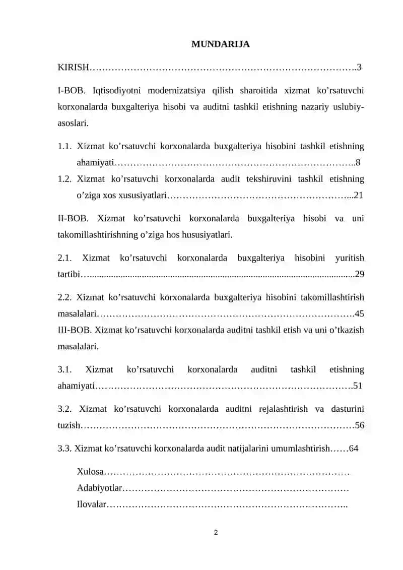 «Xizmat ko’rsatuvchi korxonalarda buxgalteriya hisobi va auditning xususiyatlari» 2