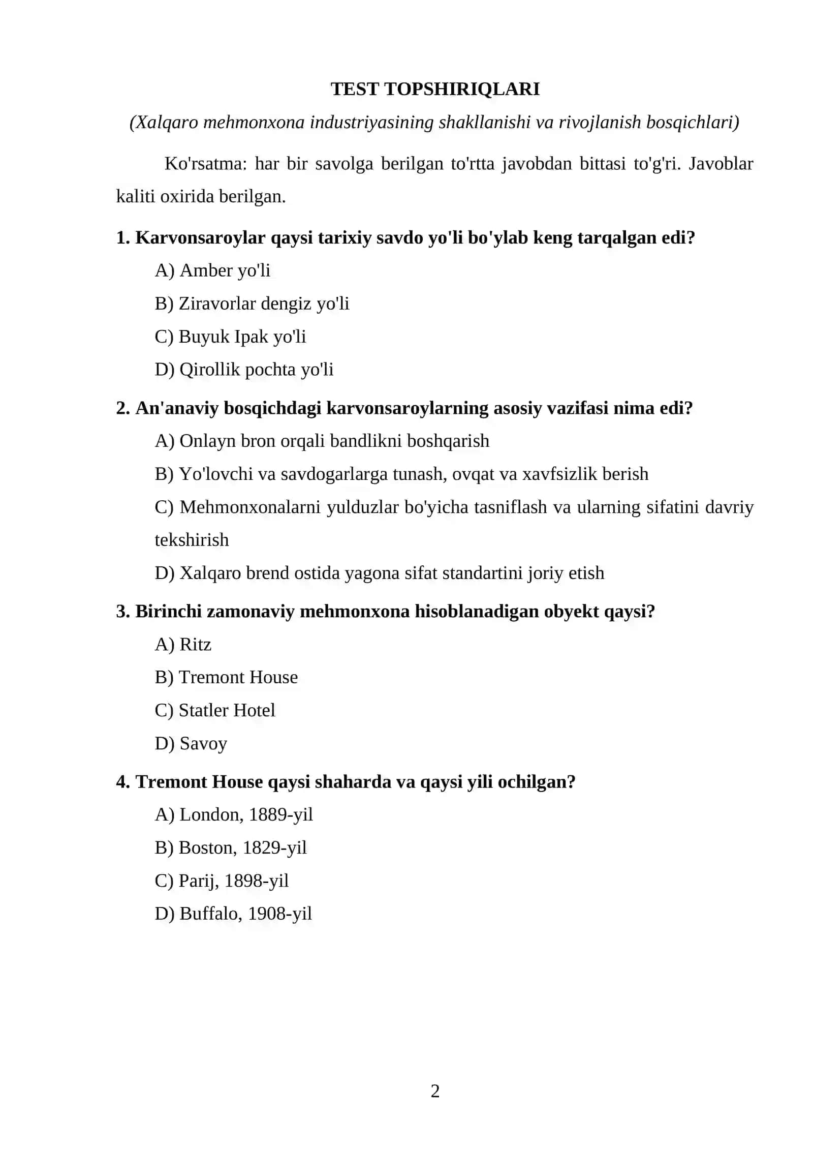 Xalqaro mehmonxona menejmenti test topshiriqlari 2