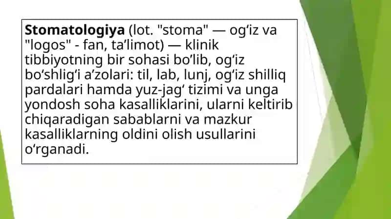 Stomatologiya fani, uning vazifasi va yo’nalishlari.Tibbiyot etikasi va deontologiya asoslari 2
