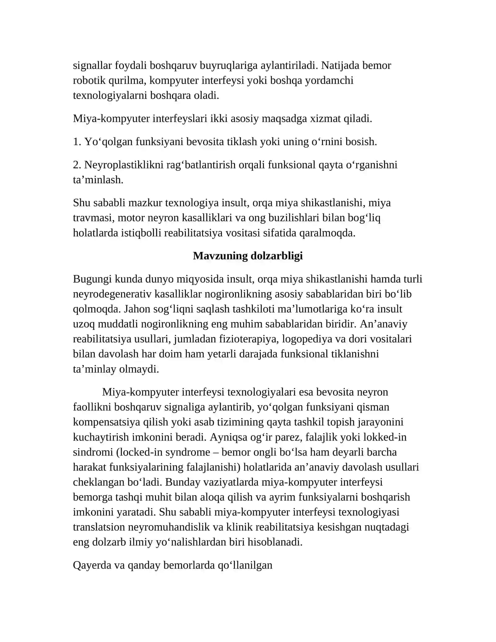 Neyroreabilitatsiyada miya-kompyuter interfeyslari: tamoyillari, klinik qo‘llanilishi va istiqbollari 2