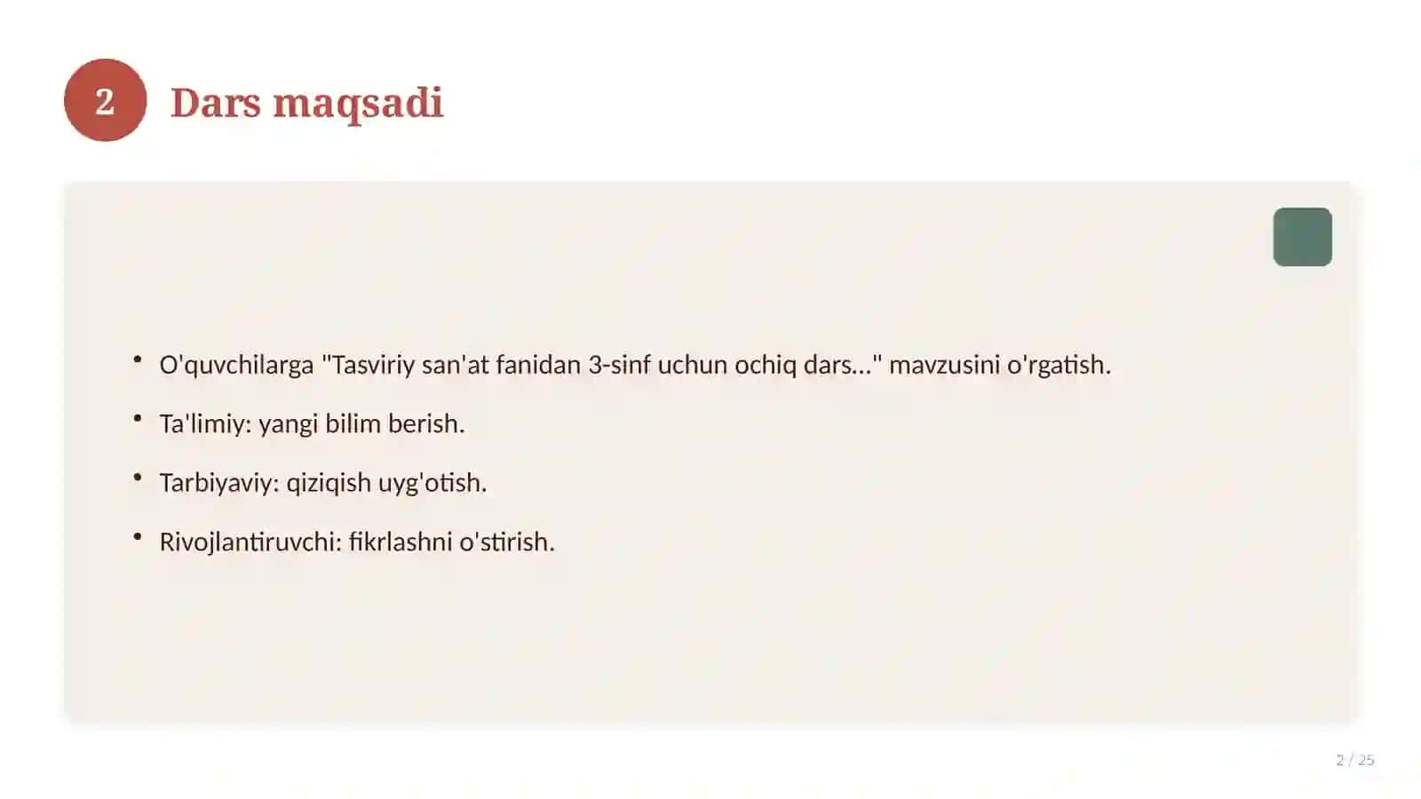 Tasviriy san'at fanidan 3-sinf uchun ochiq dars ishlanmasi 2