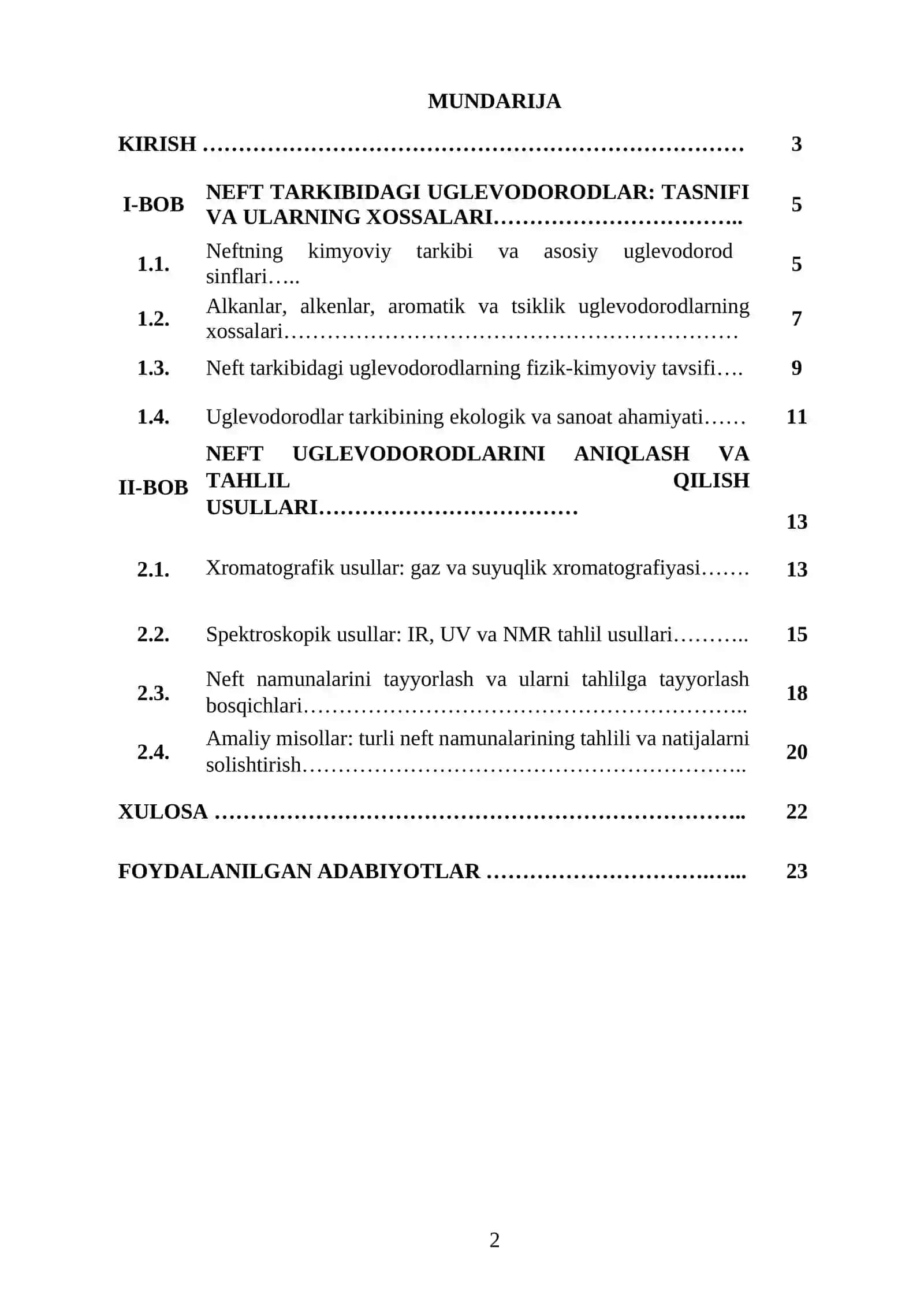 NEFT TARKIBIDAGI UGLEVODORODLARNING ANALITIK TAHLILI VA ULARNI ANIQLASH USULLARI KURS ISHI 2