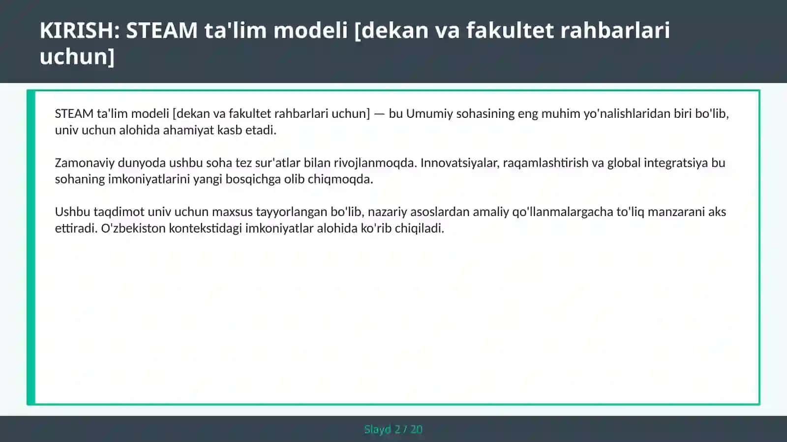 STEAM ta'lim modeli [dekan va fakultet rahbarlari uchun] 2