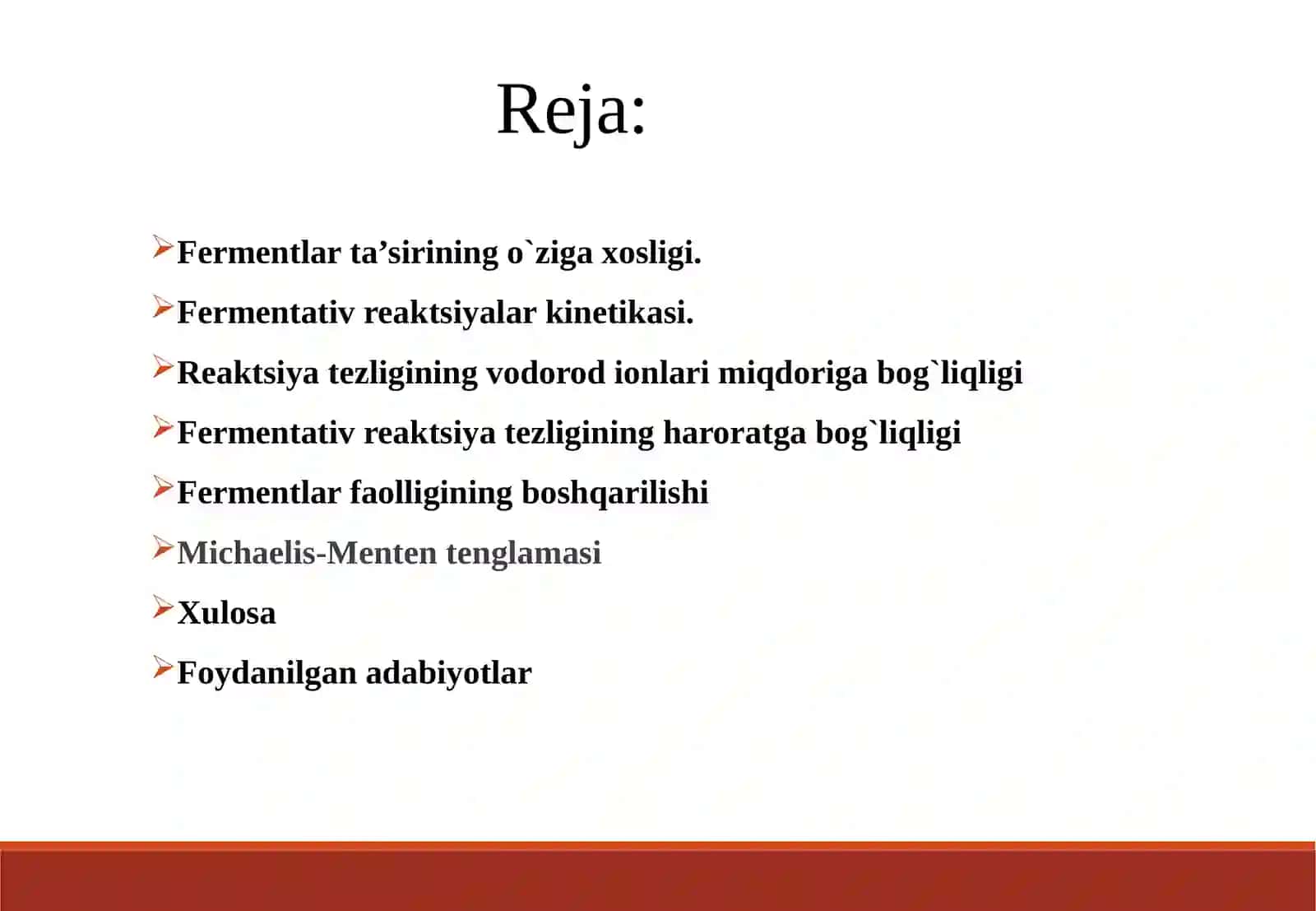 Oddiy fermentativ jarayonlarning kinetikasi. Michaelis tenglamasi va uning o'zgartirilgan shakllari. 2