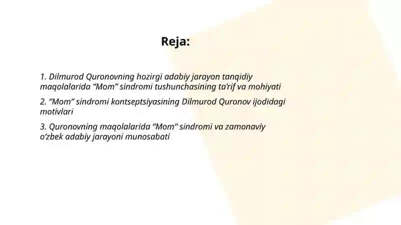 Dilmurod Quronovning hozirgi adabiy jarayon tanqidiy maqolalarini o'qish 2