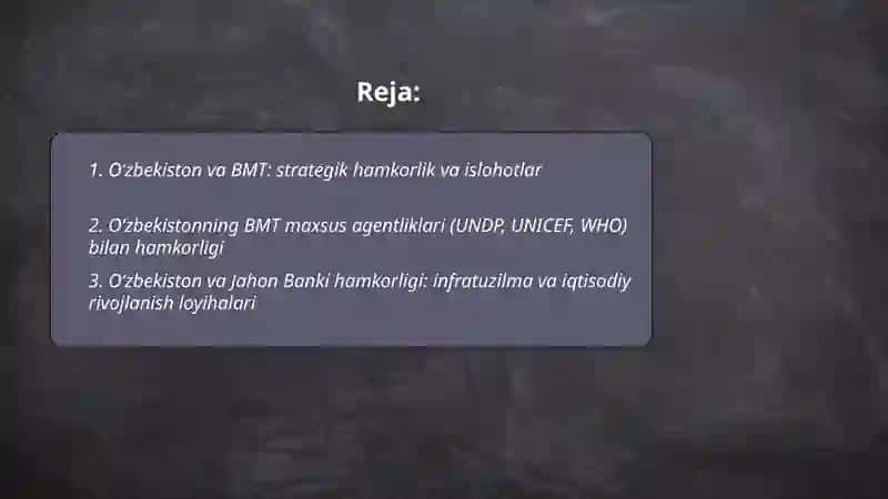 Oʻzbekistonning xalqaro tashkilotlar bilan hamkorlik aloqalari 2