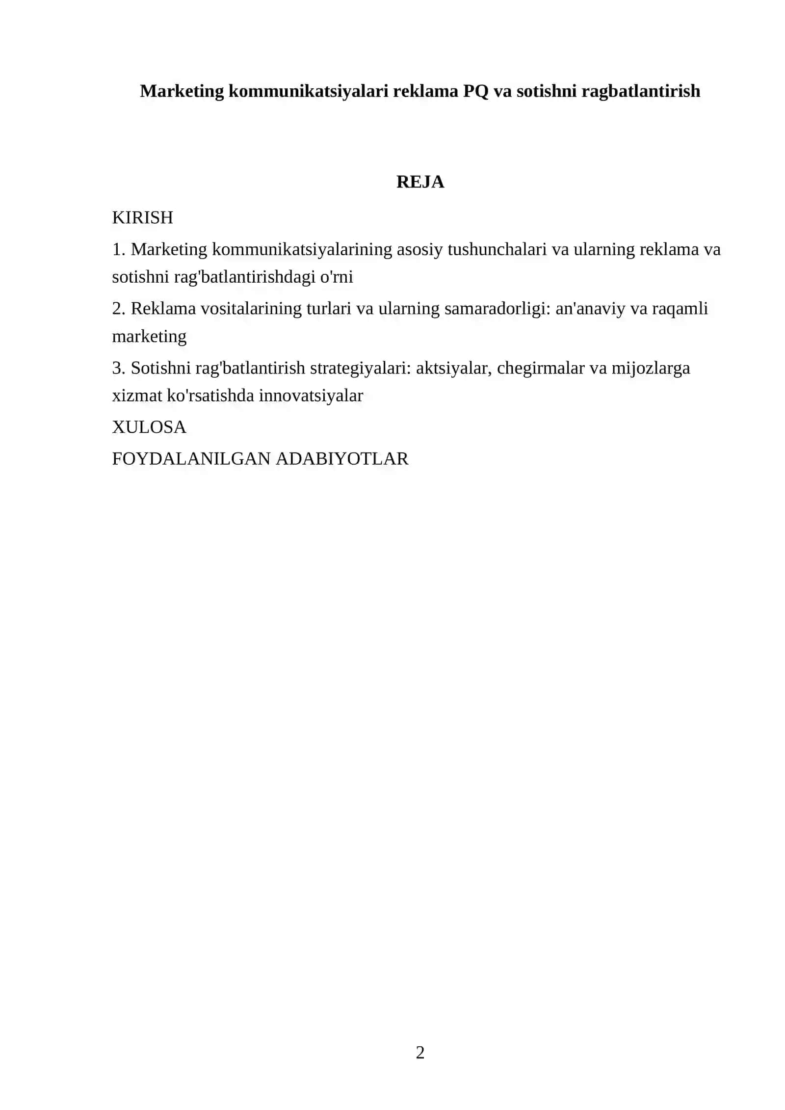 TURIZM VA MEHMONXONA XO'JALIGI MARKETINGI FANIDAN TAYYORLAGAN REFERATI 2