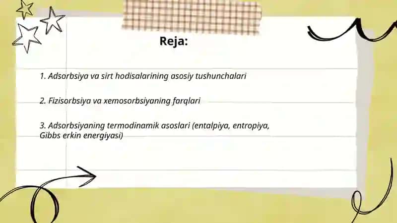 Sirt hodisalar va adsorbsiya.Xromatografiya.Adsobrisyadan sifat reaksiyalari.Adsorbsiyani miqdoriy jihatdan baholash. Xurramova Madina 2
