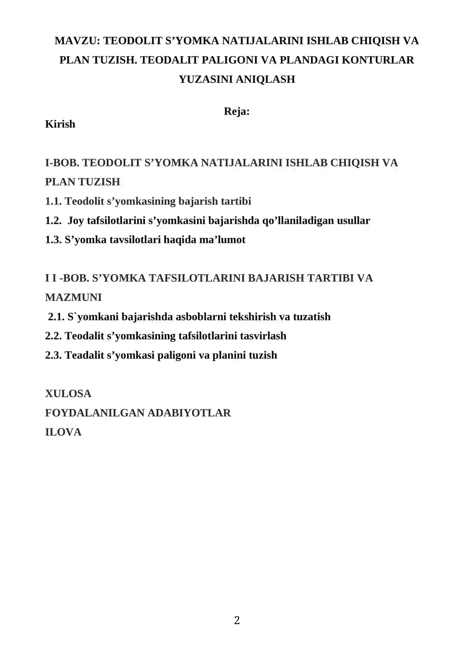 TEODOLIT S’YOMKA NATIJALARINI ISHLAB CHIQISH VA PLAN TUZISH. TEADALIT PALIGONI VA PLANDAGI KONTURLAR YUZASINI ANIQLASH 2