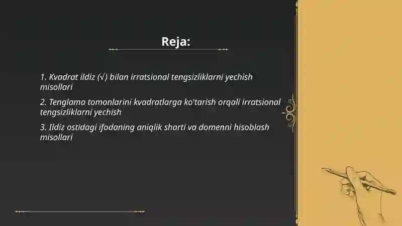 Irratsional tengsizliklar va tengsizliklar sistemasiga oid misollar yechish 2