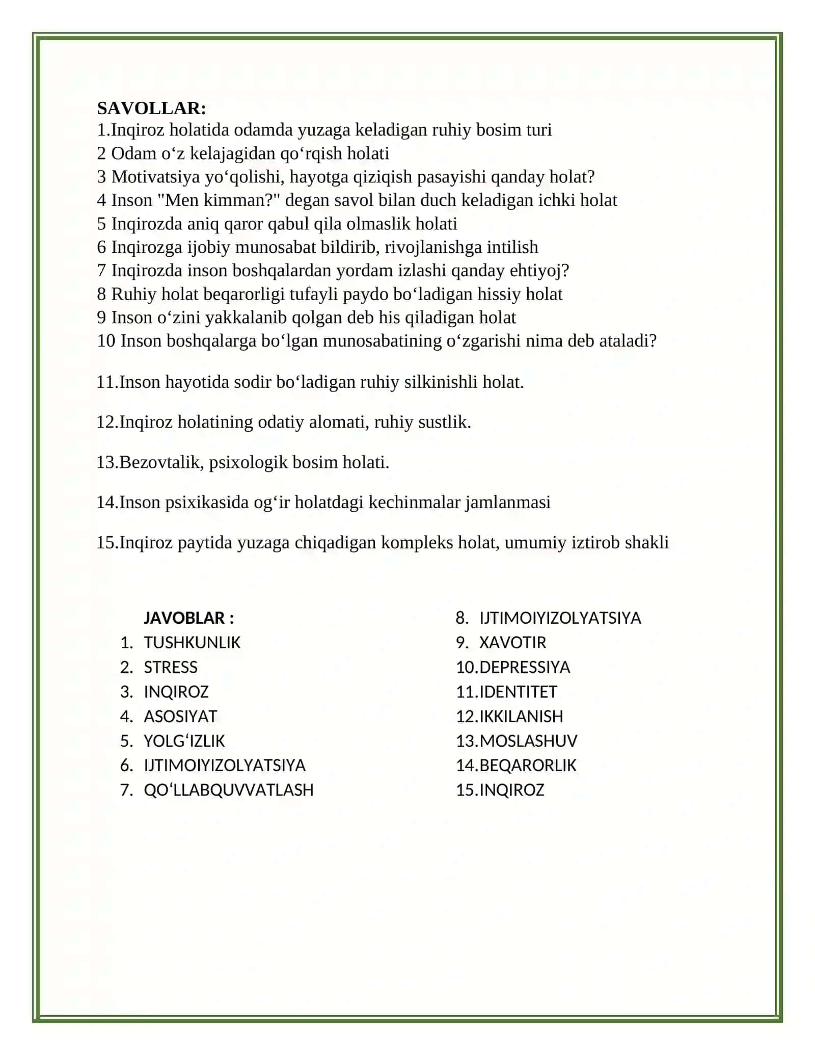 Inqirozning psixologik xususiyatlari krossvord (1) 2