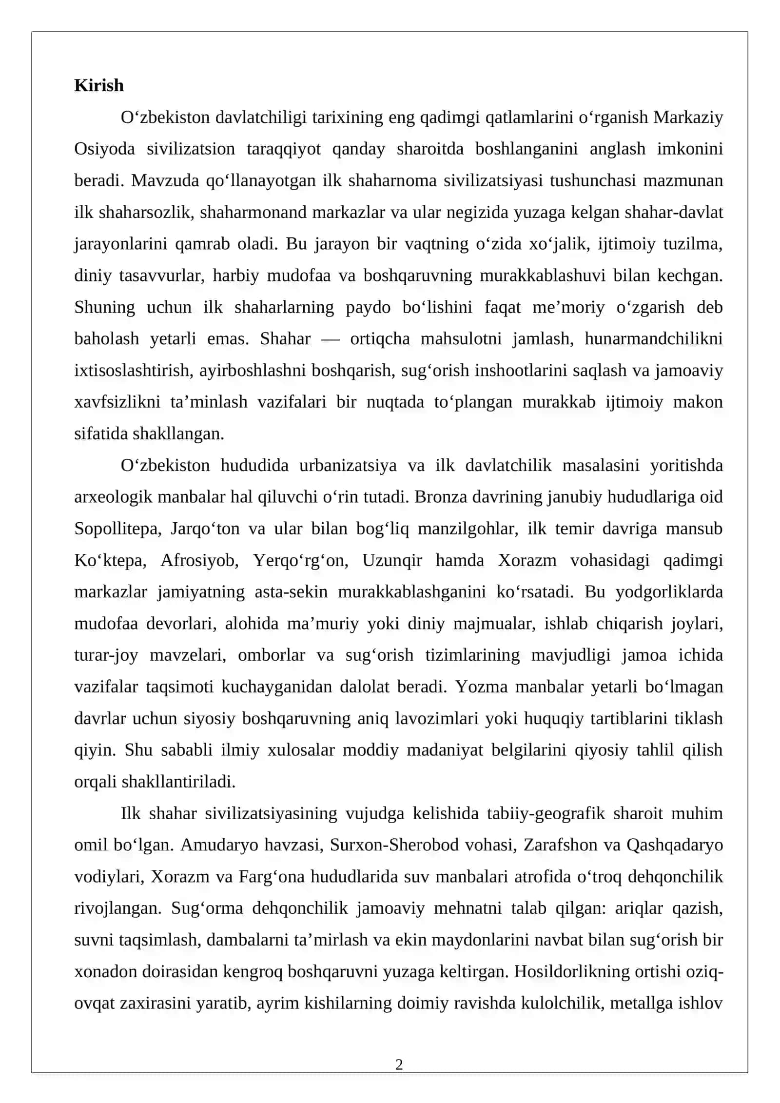 Ilk shaharnoma sivilizatsiyasining vujudga kelishi va ushbu jarayon boshqaruvining shakllanishi 2