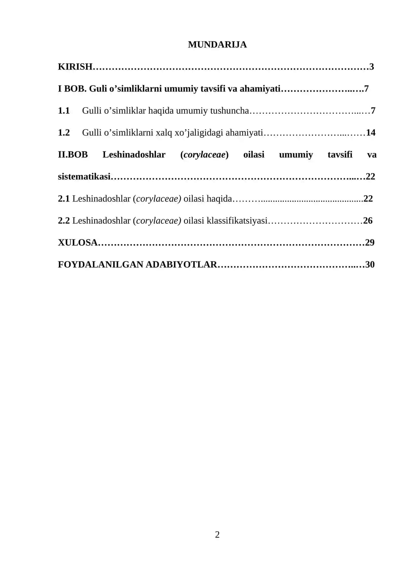 Leshinadoshlar (corylaceae) oilasi MAVZUSIDA KURS ISHI 2