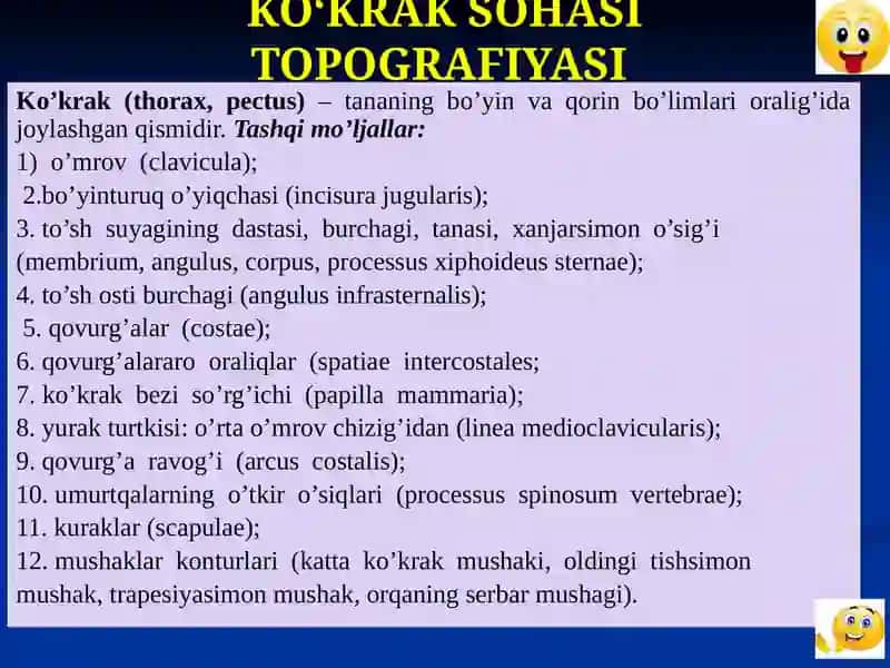 Ko‘krak sohasining klinik anatomiyasi: qavatlari, kletchatka bo‘shliqlari, qovurg‘alararo bo‘shliqlar, sut bezi va diafragmaning topografiyasi.MASTITLAR 2