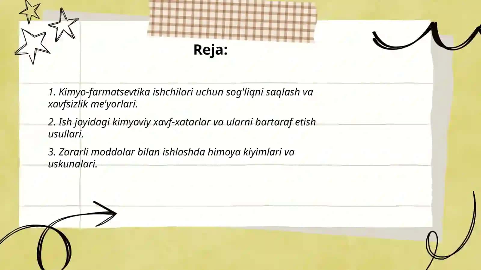 Kimyo-farmatsevtika korxonalari ishchi-xodimlarida uchraydigan kasb kasalliklari va oldini olish choralari. Kimyo-farmatsevtika korxonalari va dorixona muassasalari ichi infektsiyasini oldini olish chora-tadbirlarini ishlab chiqish 2