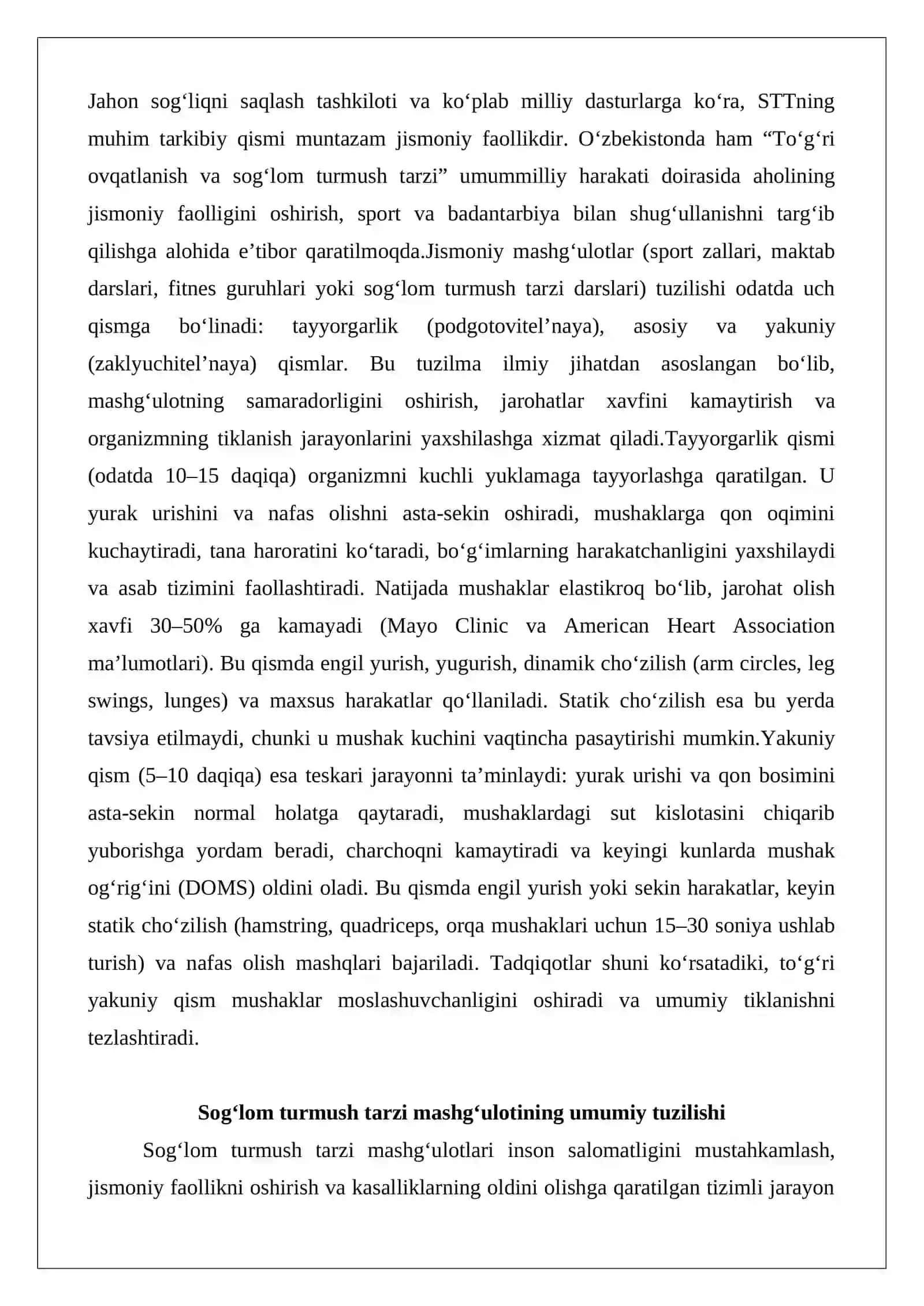 Sog‘lom turmush tarzi mashg‘ulotlarida tayyorgarlik va yakuniy qismlarni o‘tkazish usuli 2
