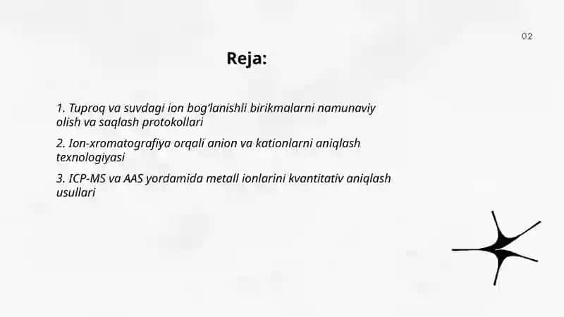 Tuproq va suvning ifloslanishda ion bogʻlanishli birikmalarni aniqlab ulardan tozalash usulini ishlab chiqish 2