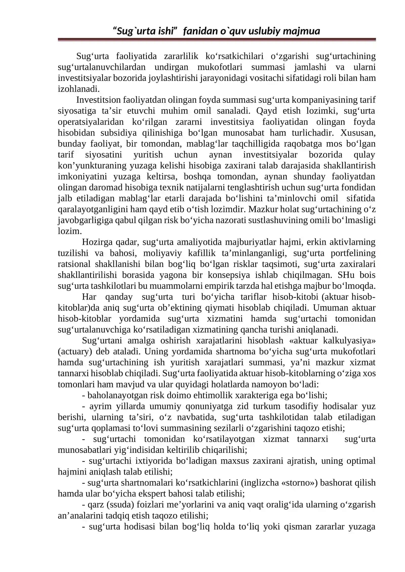 Sug`urta ishi o`quv uslubiy majmua 2