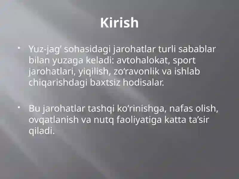 Yuz-jag’ sohasida jarohatlari va uning asoratlari (shok, asfiksiya, qon ketish) 2