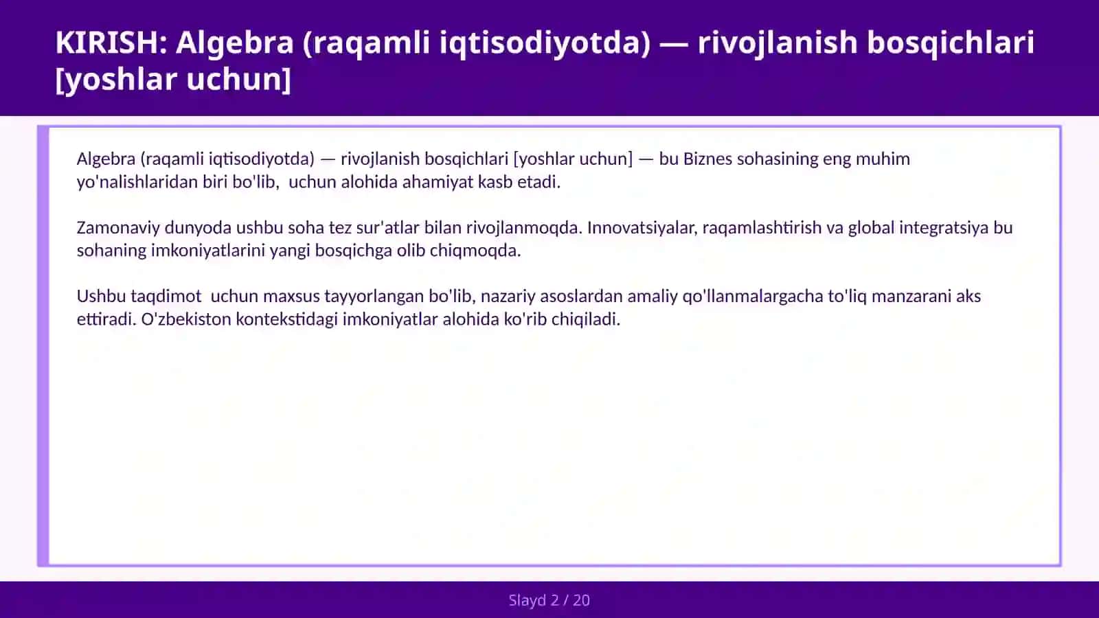 Algebra (Raqamli Iqtisodiyotda) - Rivojlanish Bosqichlari [Yoshlar Uchun] 2