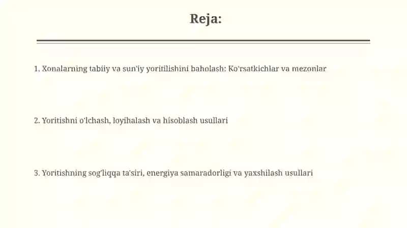 Xonalarning tabiiy va sun’iy yoritilganlik ko‘rsatkichlarini tekshirish va baholash 2