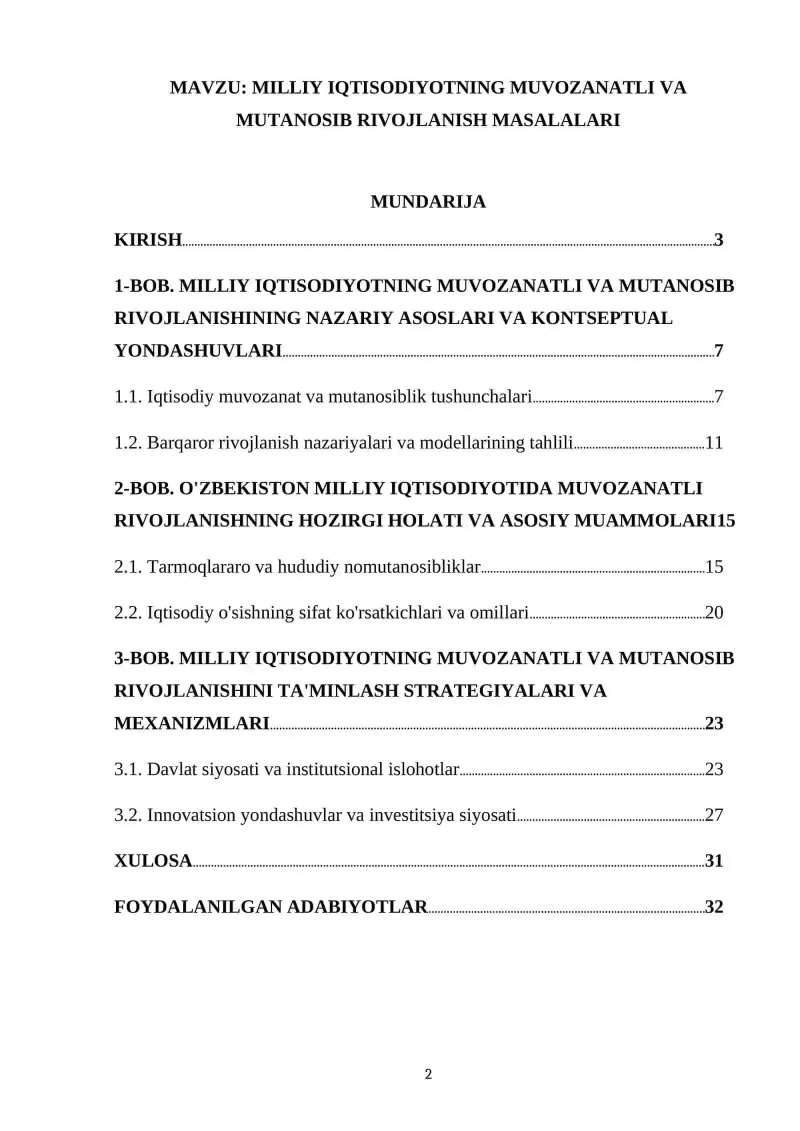 MILLIY IQTISODIYOTNING MUVOZANATLI VA MUTANOSIB RIVOJLANISH MASALALARI 2