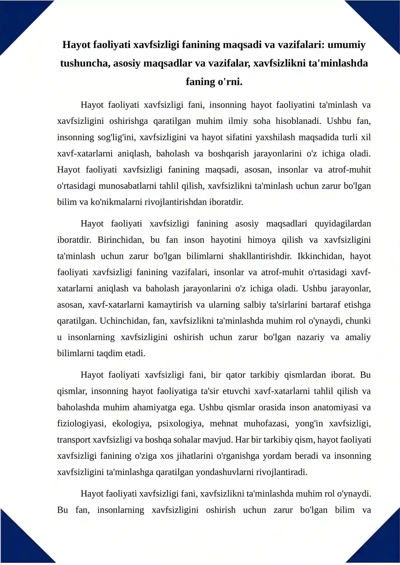 Hayot faoliyati xavfsizligi fanining maqsadi vazifasi va tarkibiy qismlari. O'zbekiston Respublikasi Konstitutsiyasida mehnat muhofaza qilishni ifodalanishi 2