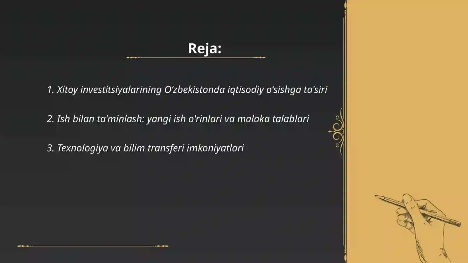 Xitoy xalq respublikasini Oʻzbekistonnga invistitsiya kiritilishi foyda va zararlari 2