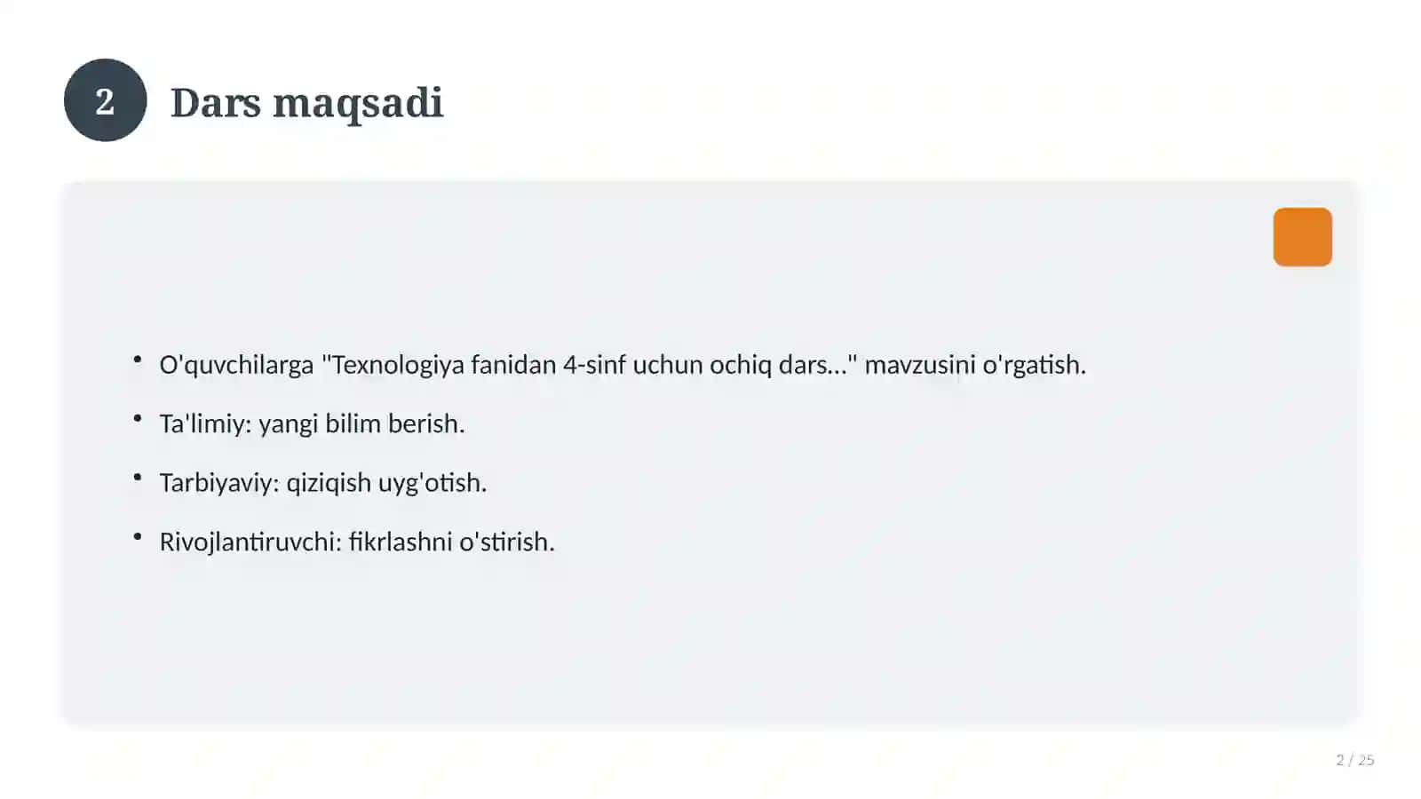 Texnologiya fanidan 4-sinf uchun ochiq dars ishlanmasi 2