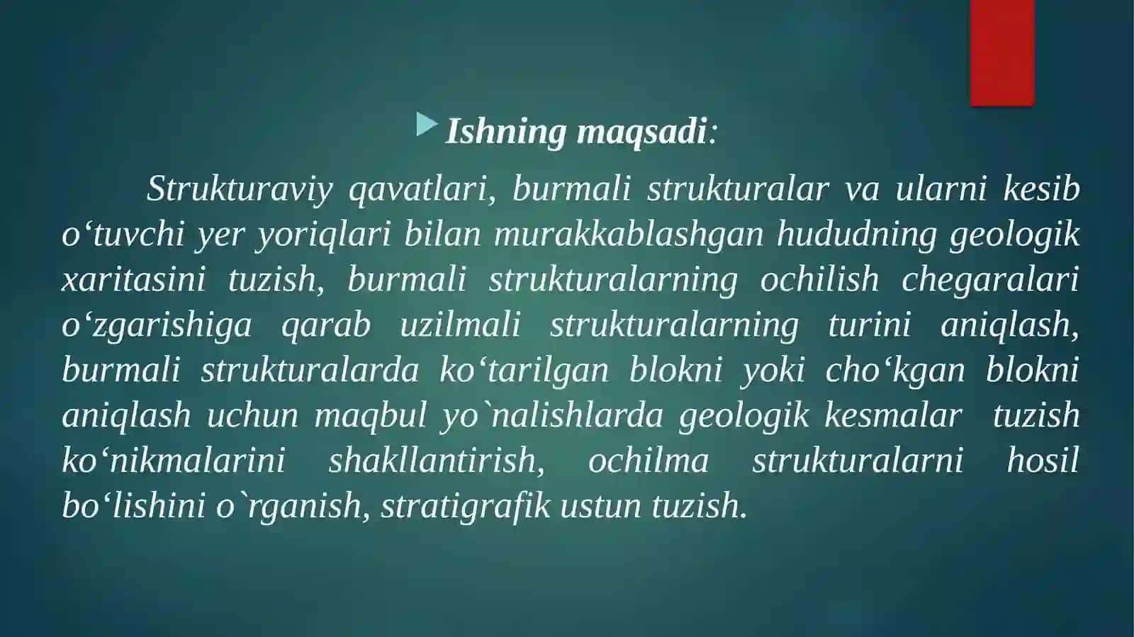 Strukturaviy qavatlari, burmali strukturalar va ularni kesib oʻtuvchi yer yoriqlari bilan murakkablashgan hududning geologik xaritasini tuzish va tahlil qilish 2