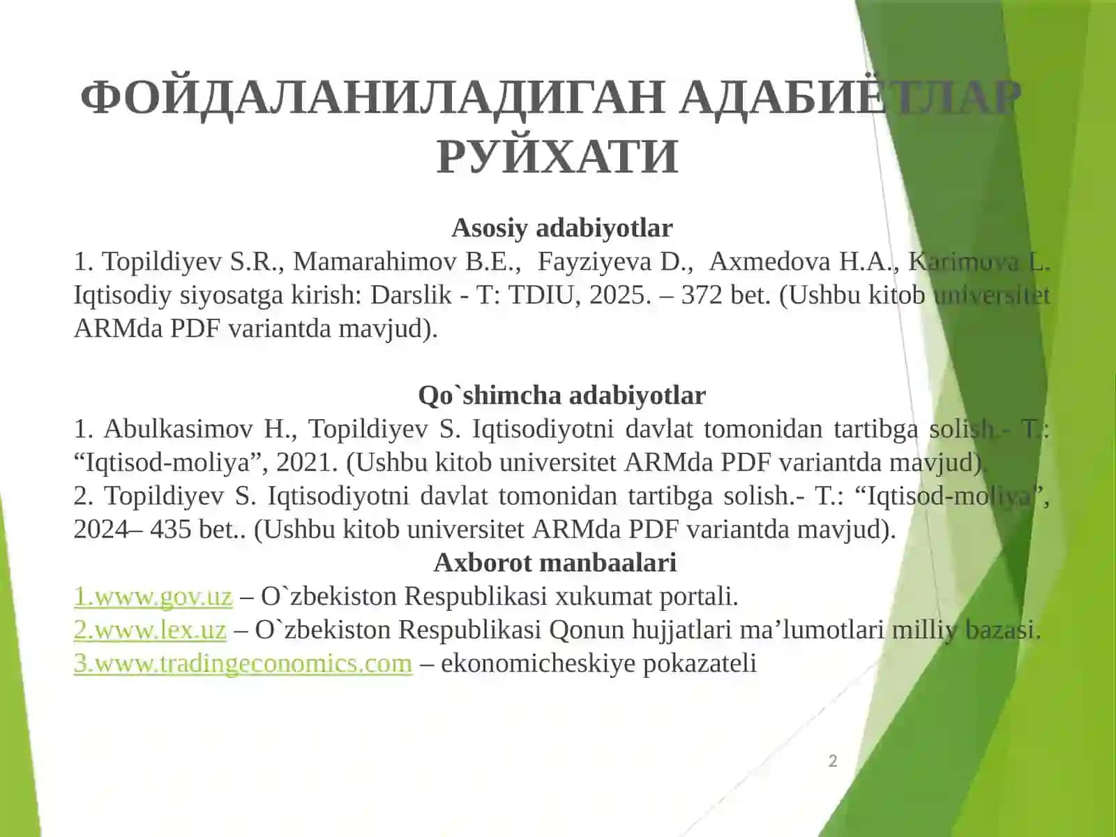 Iqtisodiyotni davlat tomonidan tartibga solish 2