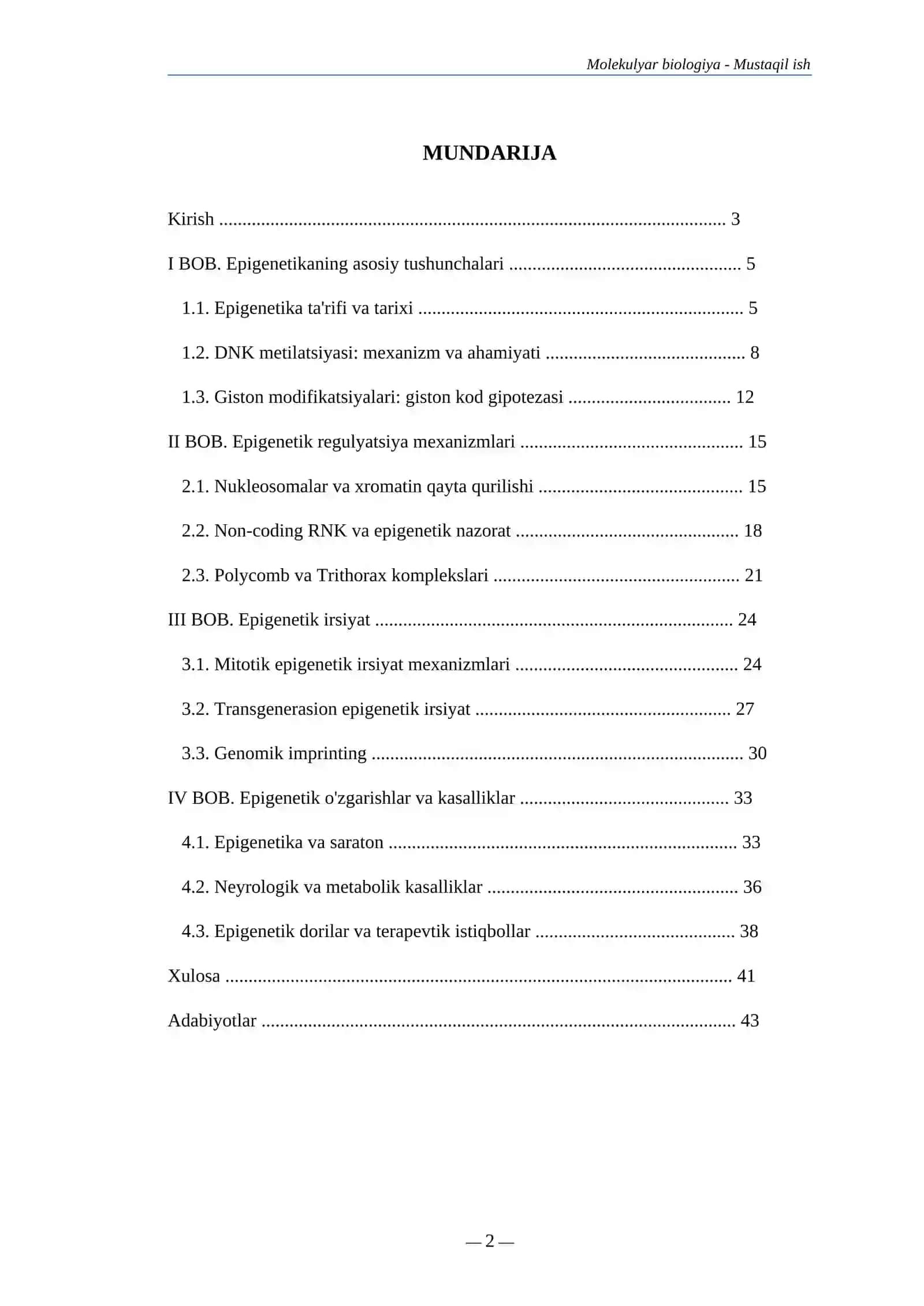 MOLEKULYAR BIOLOGIYA KAFEDRASI MUSTAQIL ISH 2