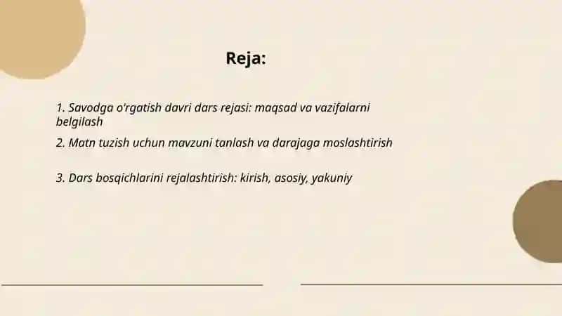 Savodga oʻrgatish davri dars rejasi: maqsad va vazifalarni belgilash 2