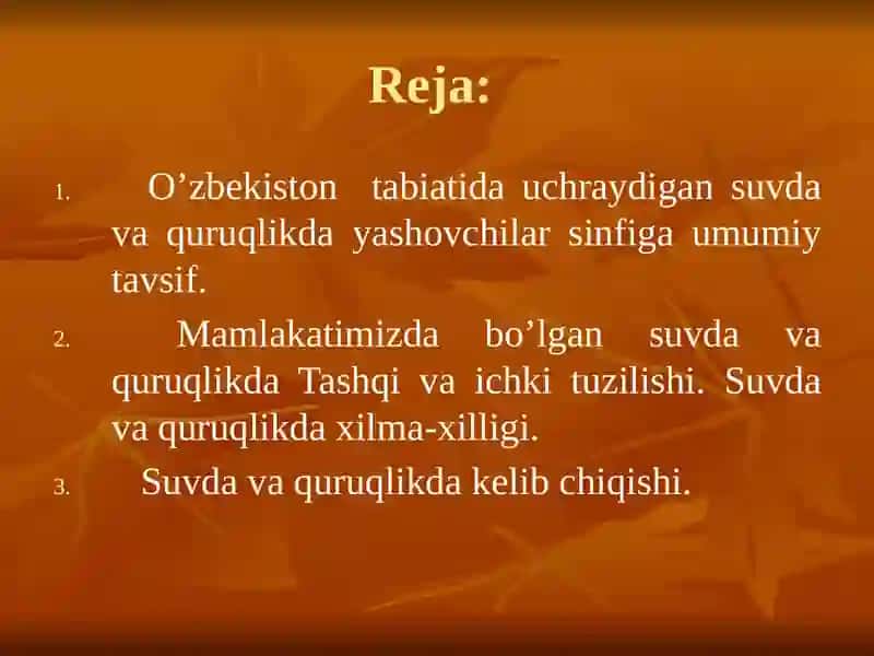O‘ZBEKISTON FAUNASIDA UCHRAY-DIGAN SUVDA HAMDA QURUQLIKDA YASHOVCHILARNING HAYOTI VA AHAMIYATI. 2