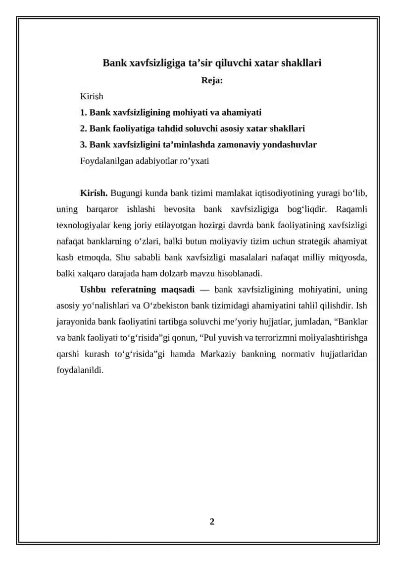 Bank xavfsizligiga ta’sir qiluvchi xatar shakllari haqida 10 listlik REFERAT 2