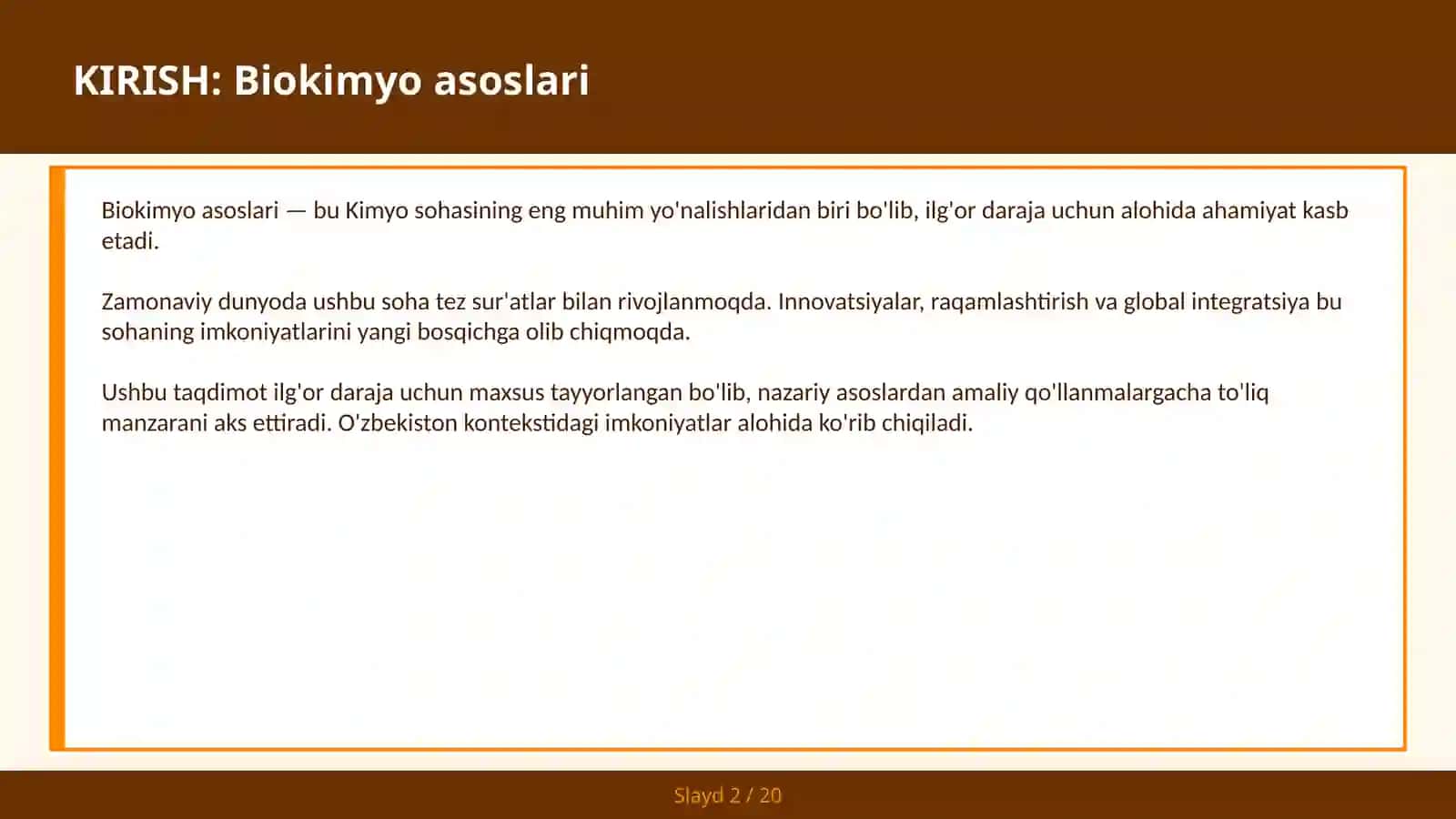 KIRISH: Biokimyo asoslari 2