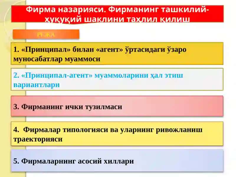 Фирма назарияси. Фирманинг ташкилий-ҳуқуқий шаклини таҳлил қилиш 2