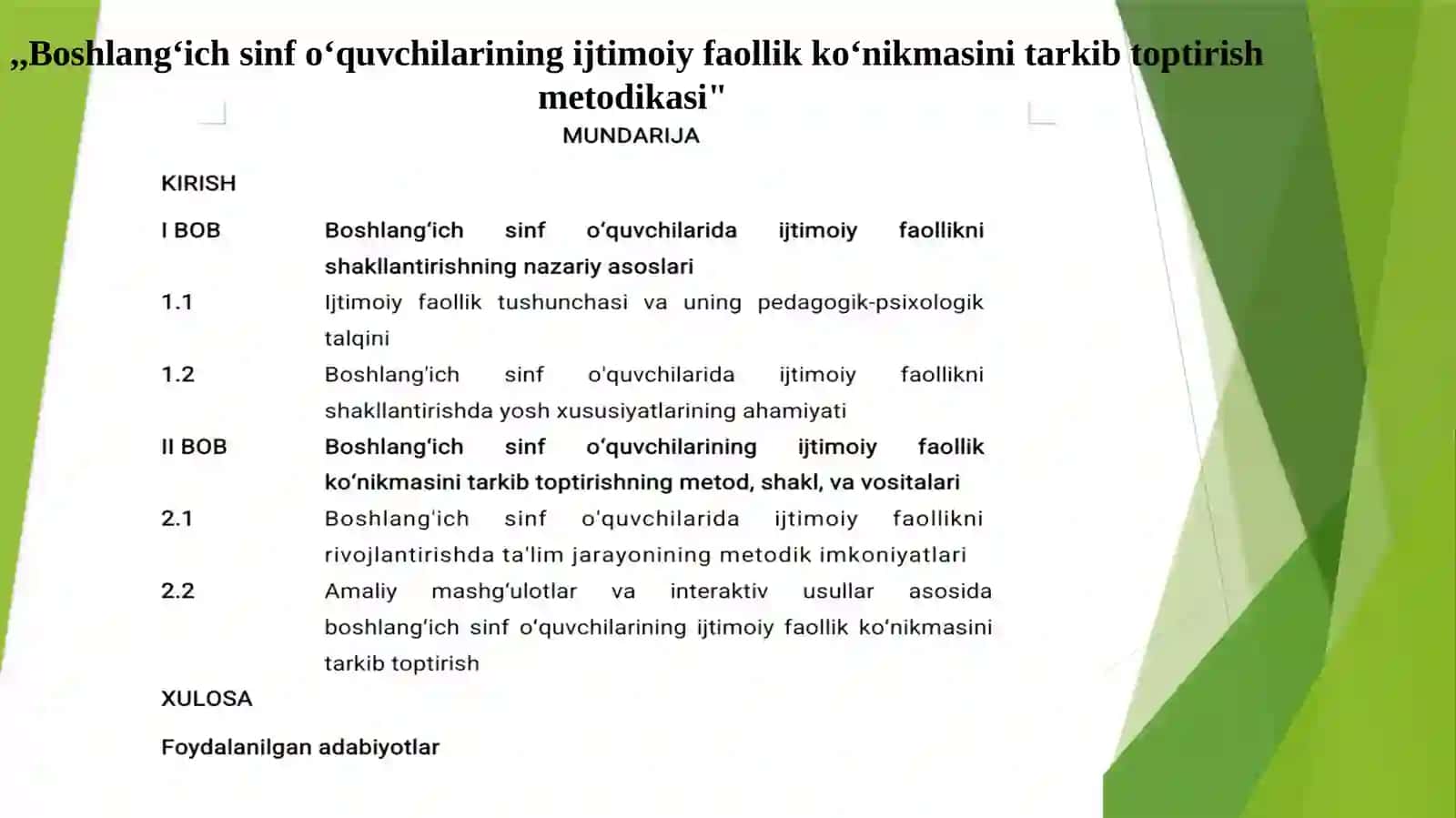 Boshlangʻich sinf oʻquvchilarining ijtimoiy faollik koʻnikmasini tarkib toptirish metodikasi 2