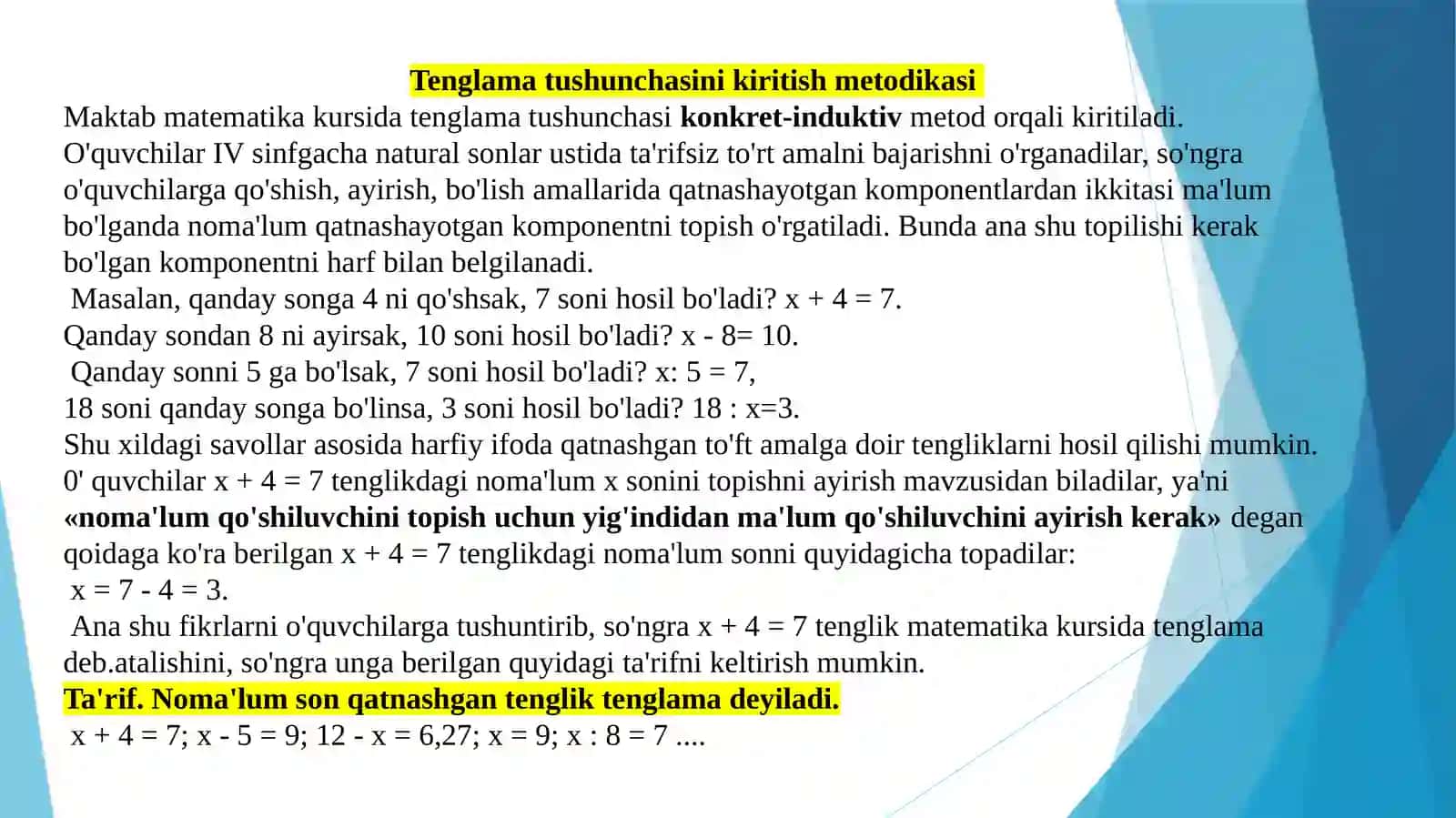 Algebraik materiallarni o‘rganish metodikasi 2