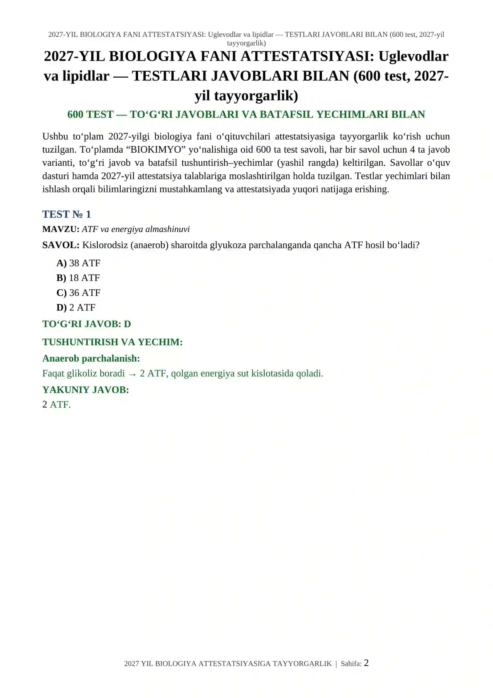 2027-YIL BIOLOGIYA FANI ATTESTATSIYASI: Uglevodlar va lipidlar — TESTLARI JAVOBLARI BILAN (600 test, 2027-yil tayyorgarlik) 2