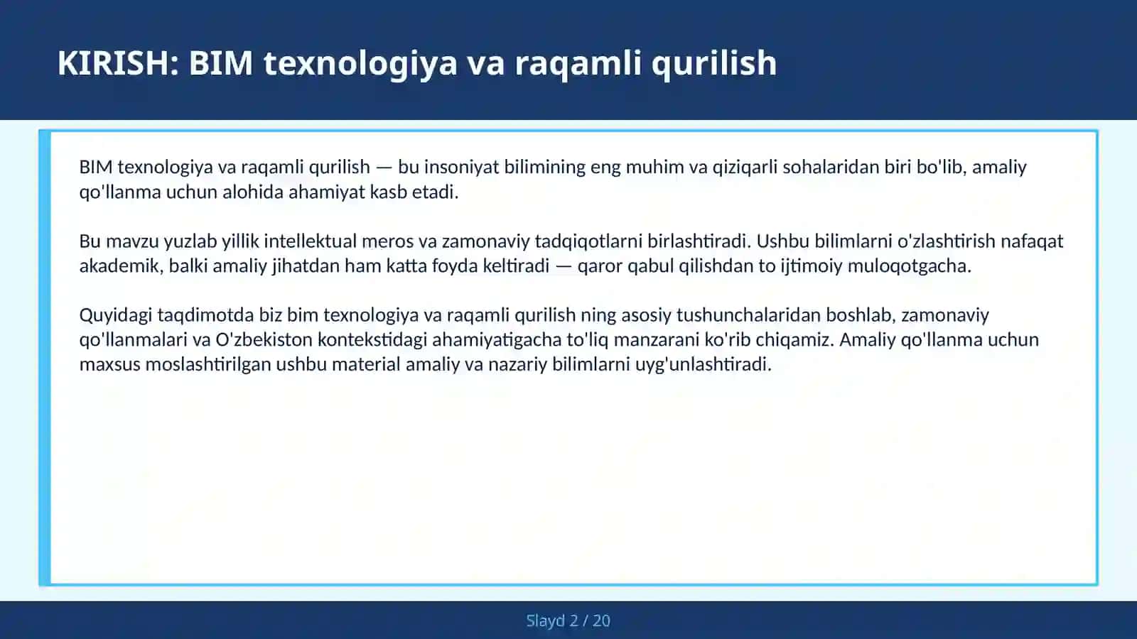 BIM TEXNOLOGIYA VA RAQAMLI QURILISH 2