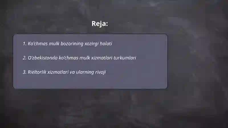 O'zbekistonda ko'chmas mulk bilan bog'liq xizmatlarning xozirgi xolati va uni rivojlantirish istiqbollari 2