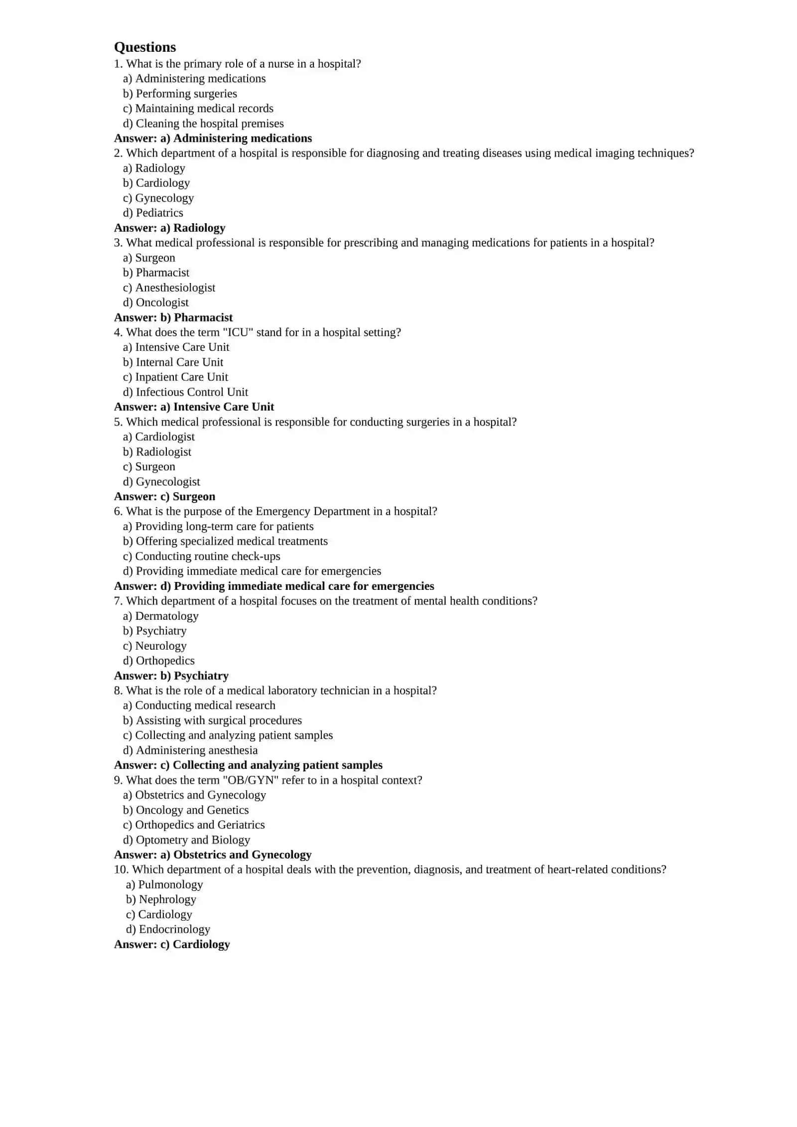 Crossword - “In a Hospital” 2