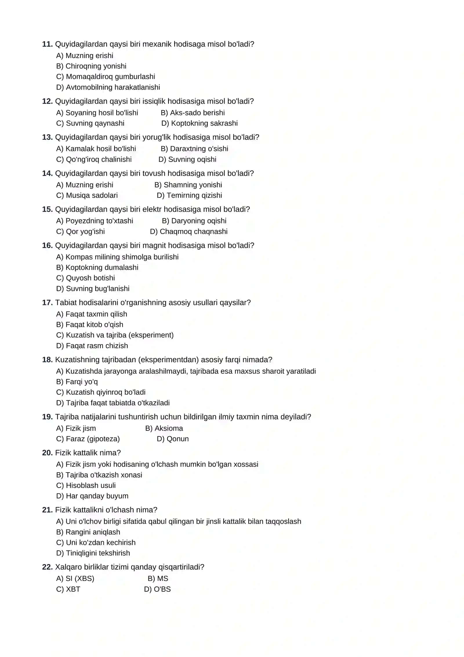 6-SINF FIZIKA FANIDAN TESTLAR TO'PLAMI 2